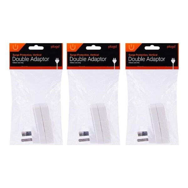 3x Plugd Vertical w/Surge Protection 240v 10amp 2400w Max Double Adapter Outlet
