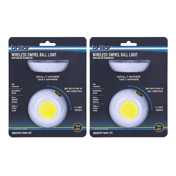 2x Brillar Wireless Battery Operated Magnetic Ball w/Cob LED Light WHT