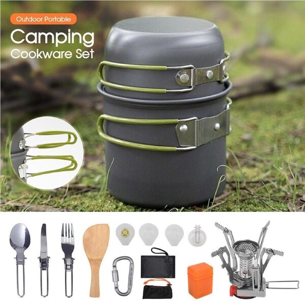 Outdoor Portable Camping Cookware Set Hiking Cooking Pot Gas Stove Tableware Kit
