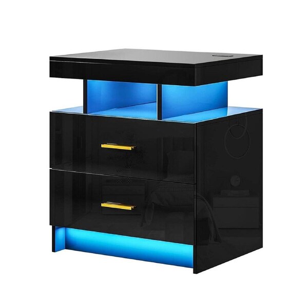 Smart Bedside Table Led End Desk Adjustable Night Stand Rotatable Laptop Workstation Bedroom Drawer High Gloss Black