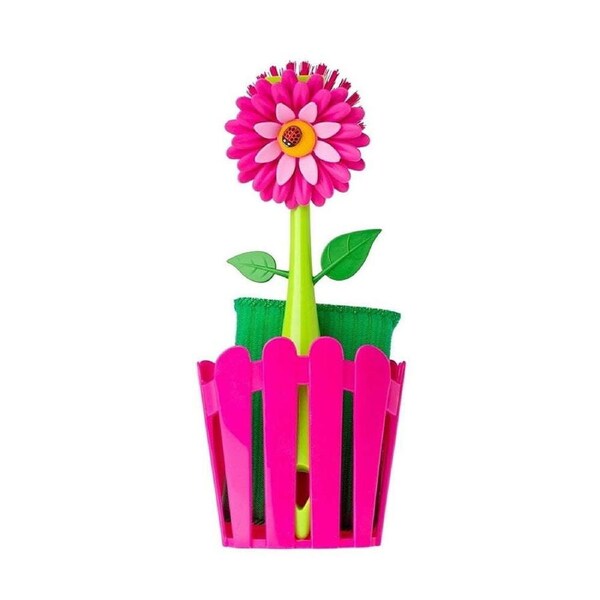 3pc Vigar Flower Power Sink Caddy Organiser/Dish Brush/Sponge Cleaning Set Pink