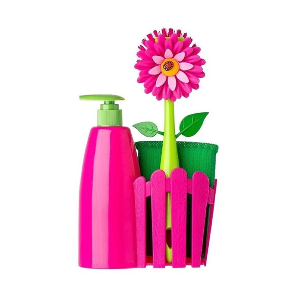 3pc Vigar Flower Power Sink Caddy/Dish Brush/Sponge Set w/ 340ml Dispenser Pink