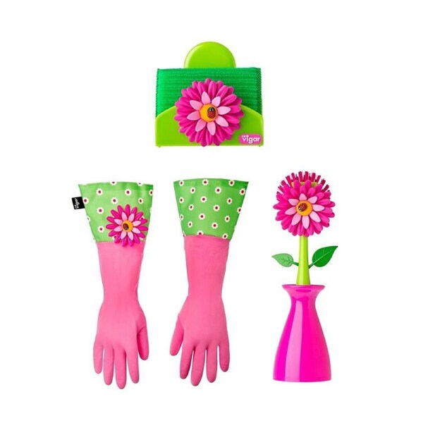 5pc Vigar Flower Power Gloves/Brush w/ Vase Sponge/Holder Cleaning Set Pink/GRN