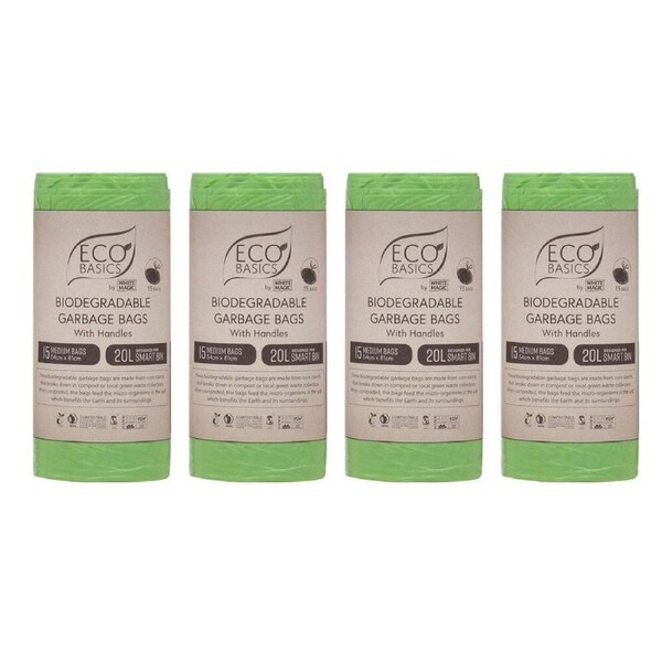 4x Eco Basics 20L Medium Biodegradable Garbage Bags Waste Storage Container GRN