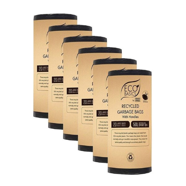6x Eco Basics 50L Recycled Plastic Garbage/Waste Kitchen Trash Bags/Bin Liner