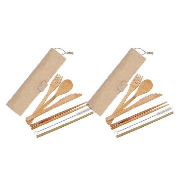 2x Eco Basics Reusable Bamboo Cutlery Set Spoon/Fork/Knife/Straw w/Storage Pouch