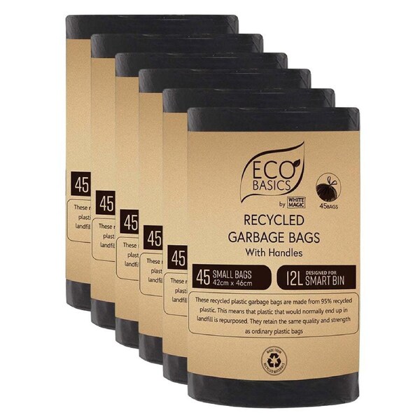 6x Eco Basics 12L Recycled Plastic Garbage/Waste Kitchen Trash Bags/Bin Liner