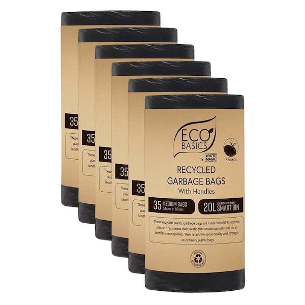 6x Eco Basics 20L Recycled Plastic Garbage/Waste Kitchen Trash Bags/Bin Liner