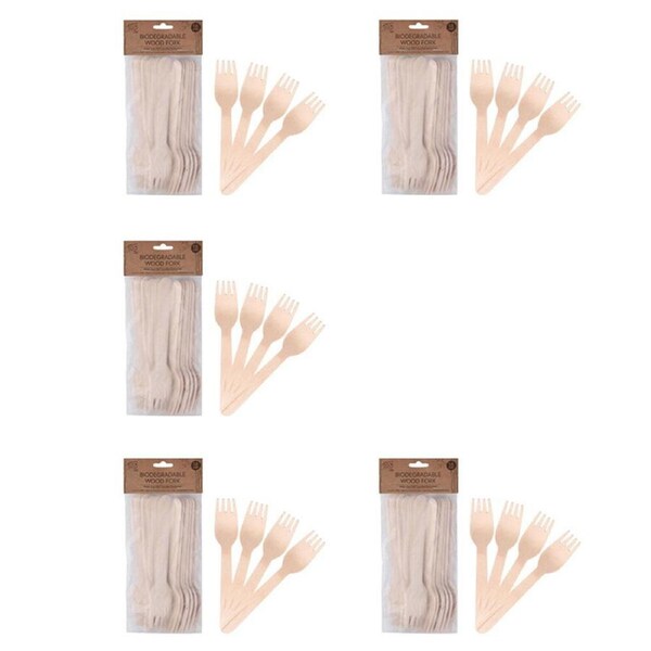 5x 18pc Eco Basics 16.5cm Biodegradable Birchwood Fork Disposable Cutlery Brown