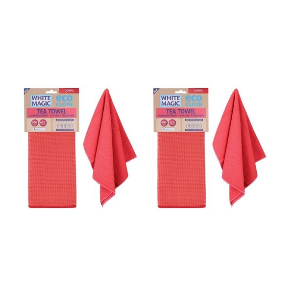2x White Magic Reusable 70x50cm Tea Towel Absorbent Cleaning/Drying Cloth Coral