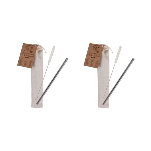 2x Eco Basics 23cm Stainless Steel Drink/Beverage Travel Straw/Cleaner Reusable