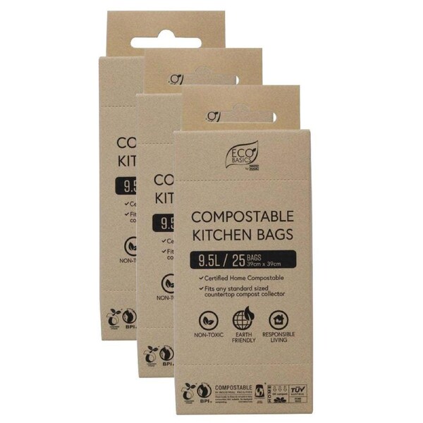 3x 25pc Eco Basics 9.5L Compostable Bags Kitchen Food Garbage/Waste Bin Liner