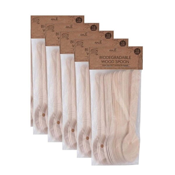 5x 18pc Eco Basics 16.5cm Biodegradable Birchwood Spoon Disposable Cutlery Brown