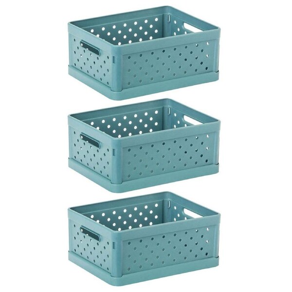 3x Vigar Compact 3.3L Plastic Foldable Crate Home Basket Storage Tray Stone Blue
