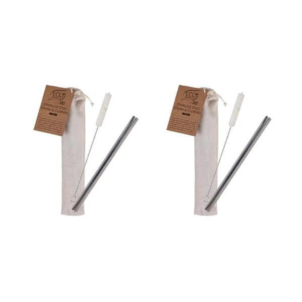 2x Eco Basics 25cm Stainless Steel Drink/Beverage Travel Straw/Cleaner Reusable