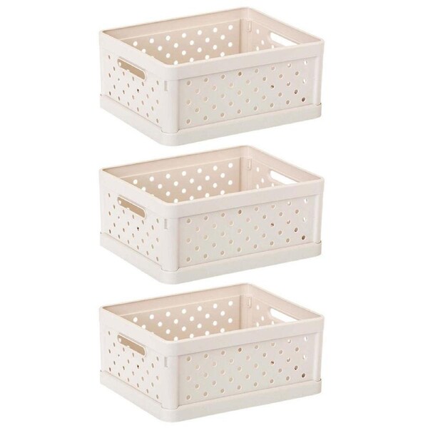 3x Vigar Compact 3.3L Plastic Foldable Crate Home Basket Storage Tray Sand White