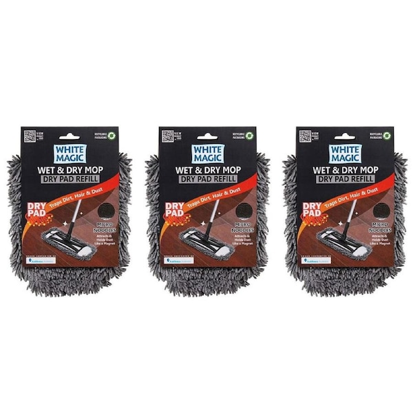 3x White Magic 40cm Microfibre Pad Refill Replacement For Wet & Dry Mop Dry Grey