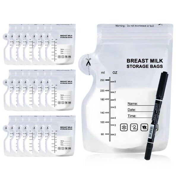 100pcs Pack Breastmilk Storing Bags Disposable Milk Storage Bag with 250ml Self Standing No-Leak Milk Freezer Storage Pouches