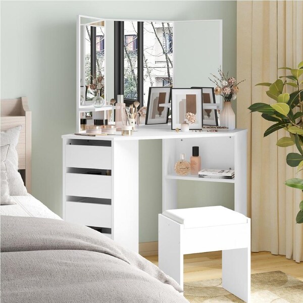 Advwin Dressing Table Stool Set Makeup Mirror Corner 5 Storage Drawers White