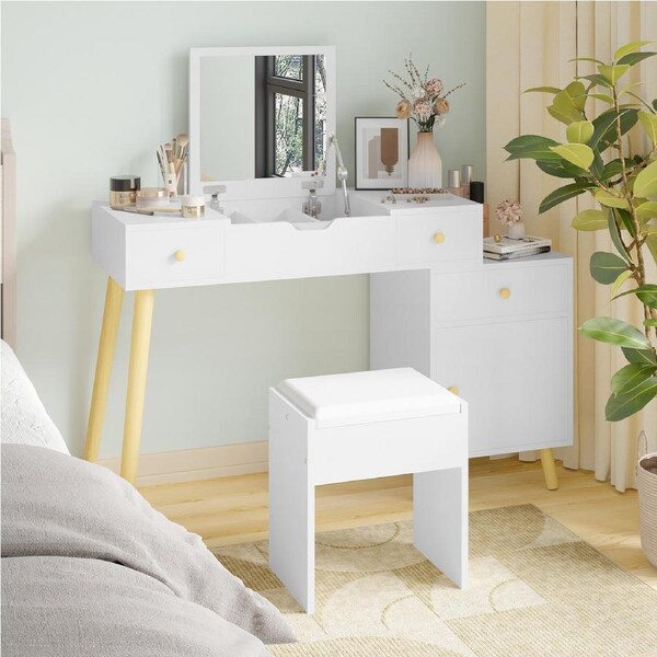 Advwin Dressing Table Stool Set 2 in 1 Flip Top Makeup Desk Mirror for Small Spaces White