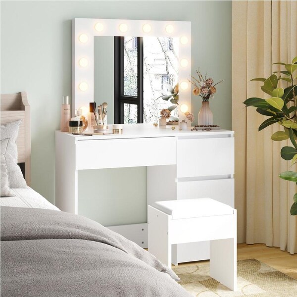 Advwin Dressing Table Stool Set 12 LED Bulbs Makeup Mirror White