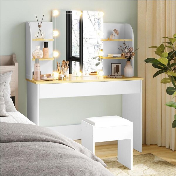 Advwin Dressing Table Stool Set with 10 LED Bulbs Makeup Mirror White