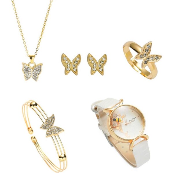 Catzon 6Pcs Set Womens Bee Quartz Watch and Butterfly Jewelry