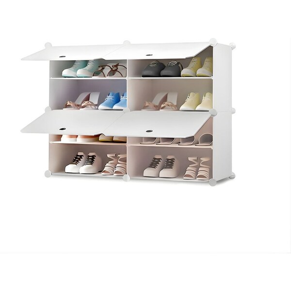 SOGA 4 Tier 2 Column White Shoe Rack Organizer Sneaker Footwear Storage Stackable Stand Cabinet Portable Wardrobe with Cover