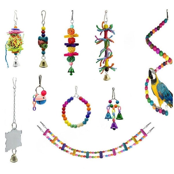 Parrot Swing Toys Bird Toys Chewing Hanging Bell Cockatiel Cage Toy Set - 10pcs