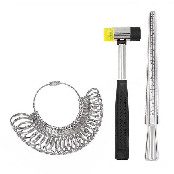 Ring Mandrel Sizer Steel Gauge Rubber Hammer Stick Tool Set Jewelry Making Kit