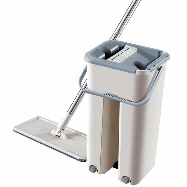 Micro Fiber Flat Mop and Bucket Floor Cleaner Set Wed Dry - 2 Pads