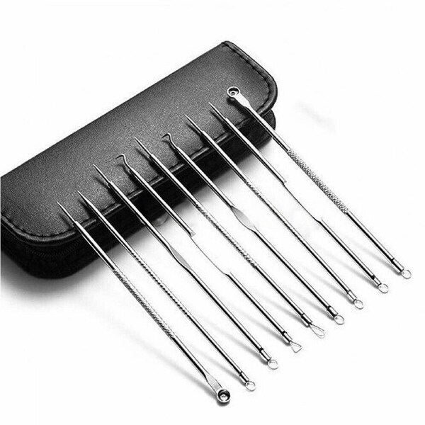 Blackhead Whitehead Pimple Spot Comedone Extractor Remover Popper Tool Kit - 9pcs