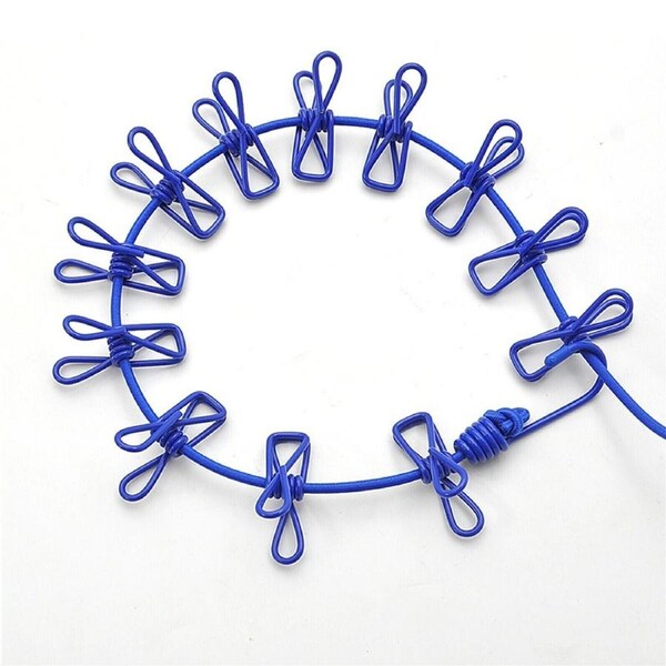 2pcs 12 Clips Camping Rope Peg Washing Clothes Line Travel clothesline Blue