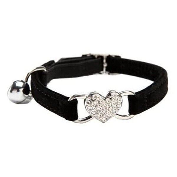 Adjustable Suede Collar Cat Kitten Dog Puppy Pet Safety ReleaseHeart Bling Black