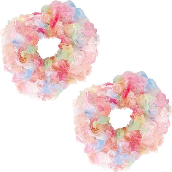 2x Pink Poppy Rainbow Tulle Large Hair Tie Elastic Band Scrunchie Accessory 3y+