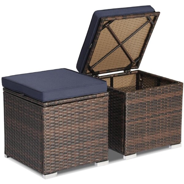 Costway 2x Outdoor Rattan Ottoman Footstool w/Navy Cushion Storage Box Side Table Backyard Patio Garden