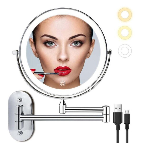 Nevenka Wall Mounted Lighted Makeup Mirror 8" 10X Magnifying Cosmetic Mirror with 3 Color Modes USB Charging Type-Silver