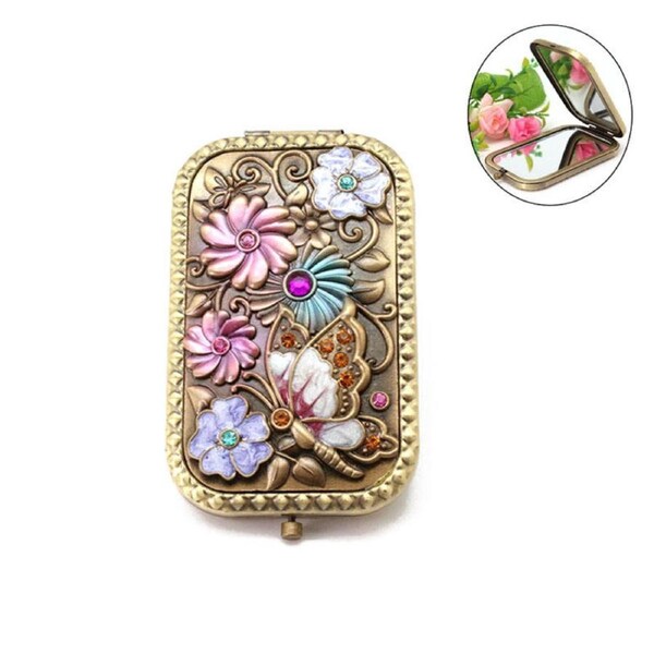 Nevenka Antique Butterfly Flower Foldable Makeup Mirror-Cyan