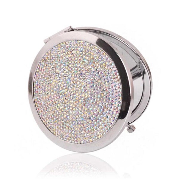 Nevenka Rhinestone Magnifying Compact Makeup Mirror 2X/1X Mirror-White Silver