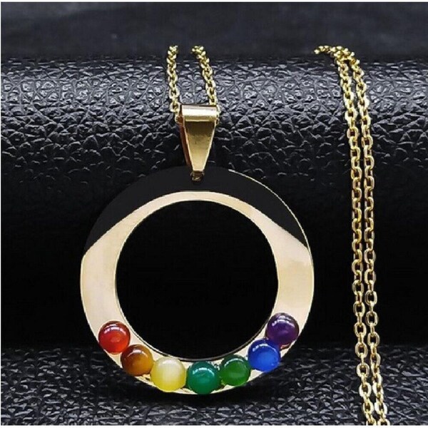 Sacred Geometry 7 Chakra Round Necklace Reiki Jealing Stainless Steel Gold