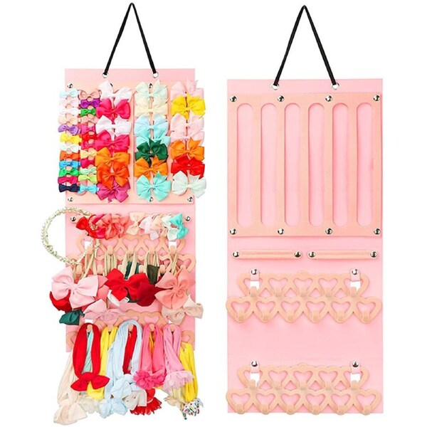 Portable Head Wear Storage Hanging Bag Felt Jewelry Hanging Organizer for Girls-Pink