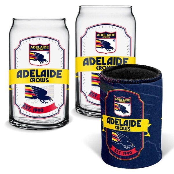 Adelaide Crows AFL Set of 2 Can Shaped Glasses and Can Cooler Gift Set