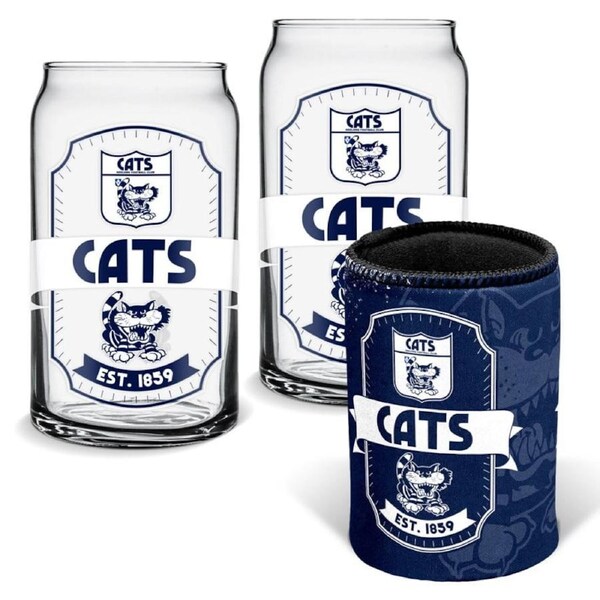 Geelong Cats AFL Set of 2 Can Shaped Glasses and Can Cooler Gift Set
