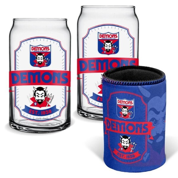 Melbourne Demons AFL Set of 2 Can Shaped Glasses and Can Cooler Gift Set