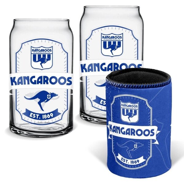 North Melbourne Kangaroos AFL Set of 2 Can Shaped Glasses and Can Cooler Gift Set