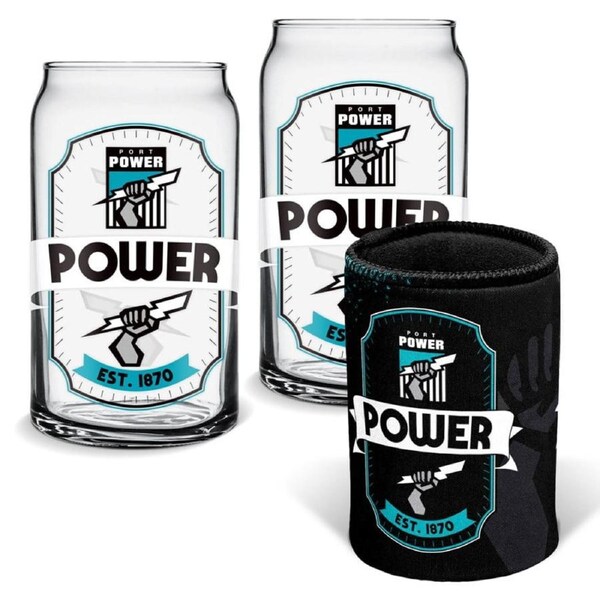 Port Adelaide Power AFL Set of 2 Can Shaped Glasses and Can Cooler Gift Set