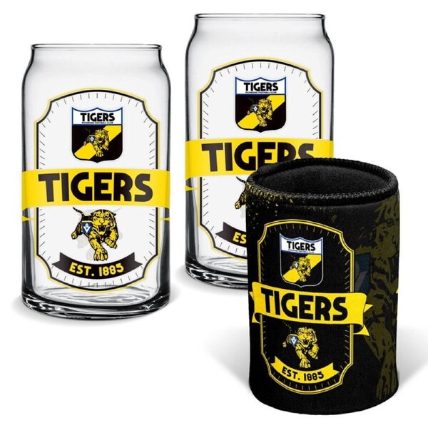 Richmond Tigers AFL Set of 2 Can Shaped Glasses and Can Cooler Gift Set