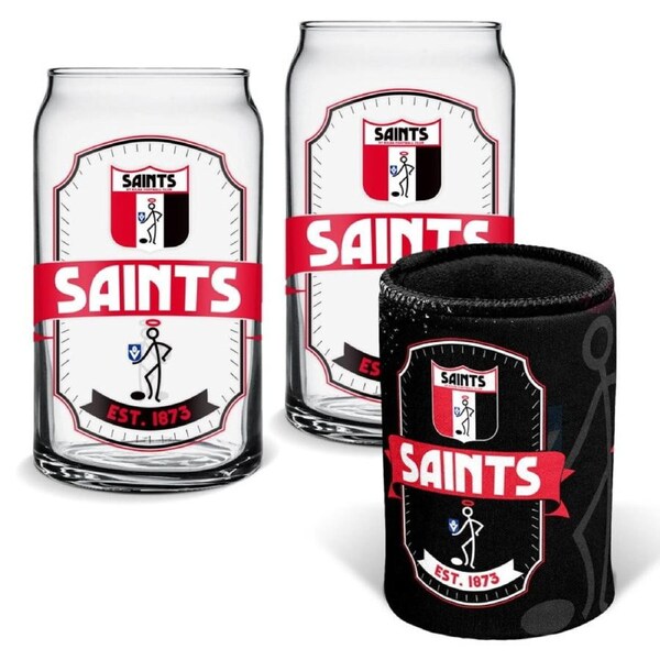St Kilda Saints AFL Set of 2 Can Shaped Glasses and Can Cooler Gift Set