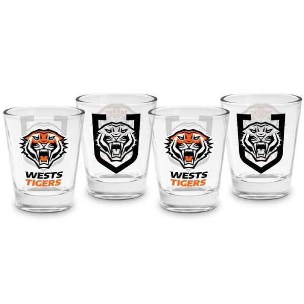 Wests Tigers NRL Team Logo 50ml Shot Glasses Bar Set of 4