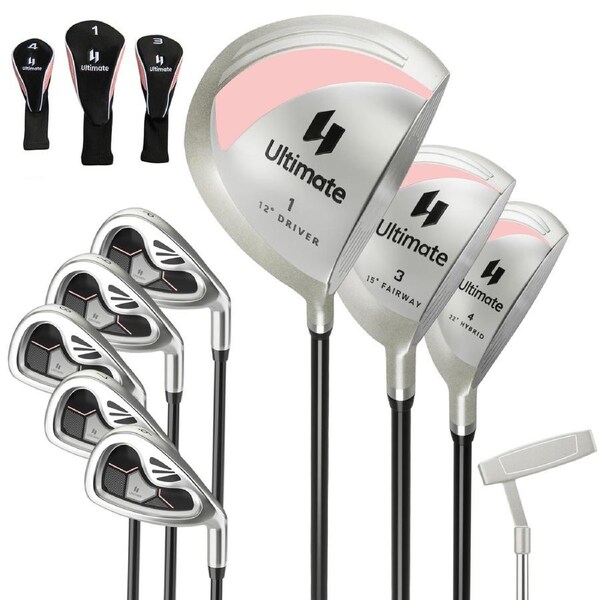 Costway 9pcs Premium Ladies Complete Golf Club Set Starters w/460cc Alloy/Irons Driver, Right Handed, Pink
